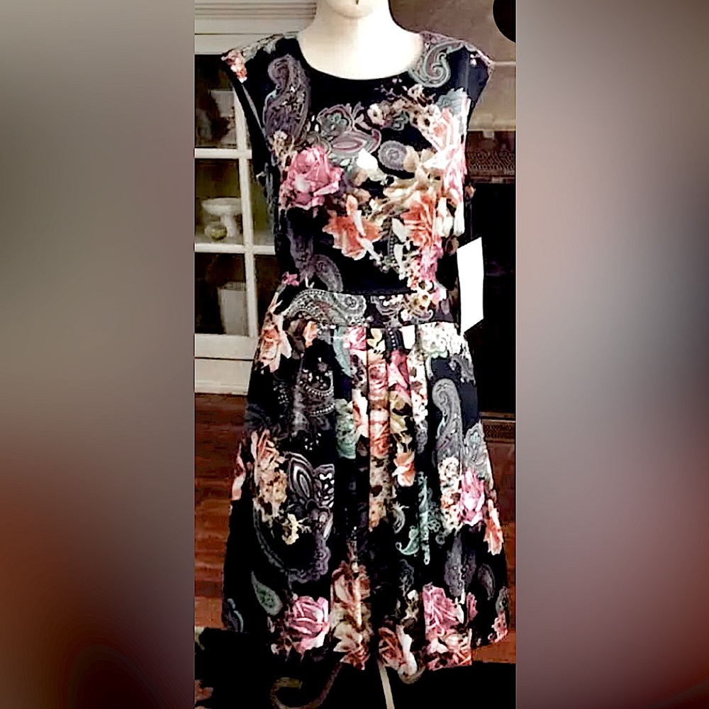 NWT Boston Proper Sleeveless Paisley Bouquet Floral on Navy A-line Dress